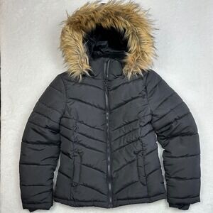 So Girls Black Puffer Jacket Faux Fur Hood Winter Coat Size 10 12